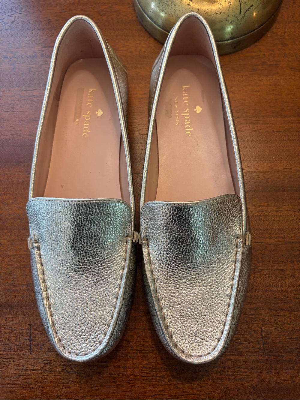 kate spade Metallic Gold Leather Driving Loafers with Pink Lining - Picture 2 of 6